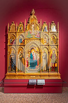 Ancient decorative artwork Madonna Enthroned with the Christ Child, Angels and Saints.