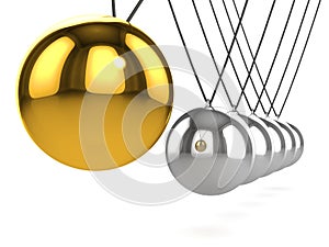 3d Newtons cradle with gold ball close up photo