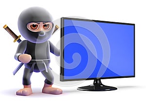 3d Ninja assassin next to a flatscreen lcd tv photo