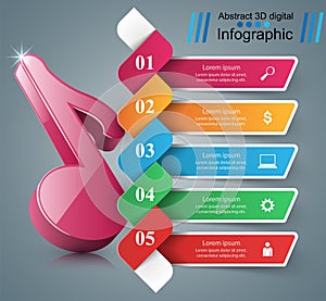 3D note icon. Music infographic.