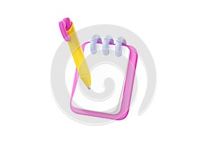 3d note icon and pencil with empty document list for blog. Notepad render illustration. Creative business clipboard