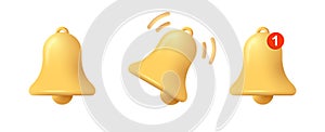 3d notification bell. Set of bells icon with new notification or message. Ringing handbell icons for social media reminder