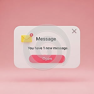 3D Notification Pop-up Window with Envelope Icon and Open Button message alert