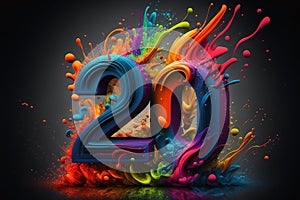 3D number 20 on color swirl, splash and explosion background, creative pattern, Generative AI