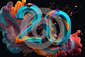 3D number 20 on color swirl, splash and explosion background, creative pattern, Generative AI