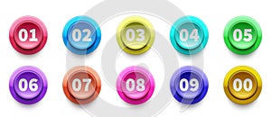 3D numbers bullet point. Circle buttons with numbers vector set. Colorful 3d buttons icons photo