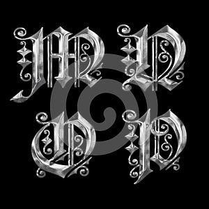 3D old Gothic metal capital letter alphabet - letters M-P photo