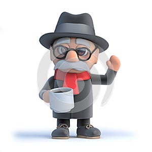 3d Old man has a cup of coffee