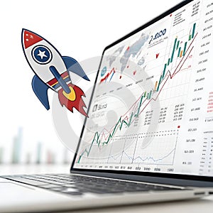 3D online trading graph concept icon with rocket icon isolated on white background