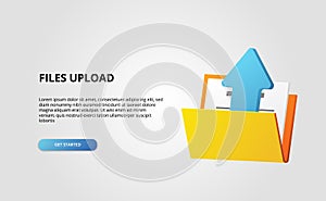 3d open folder contains file document upload arrow illustration data transfer backup memory concept with white background