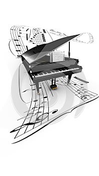 3D opened grand piano on a long flying partition photo