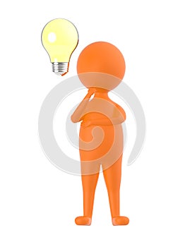 3d orange character thinking with a ligh bulb near to his head concept