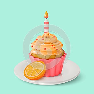 3d Orange Cupcake with Candle Sweet Dessert Food Cartoon Style. Vector