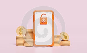 3d orange mobile phone, smartphone icon with unlocked padlock, money dollar coin stack  isolated on pink background. screen phone