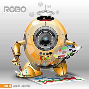 3d orange robo eyeborg painting with a pencil photo