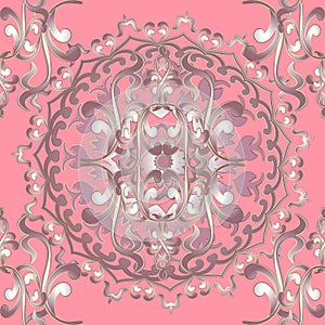 3d ornamental floral seamless Baroque vector mandala pattern. Vintage elegance pink background. Surface line art Damask ornament