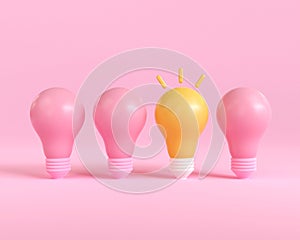 3d outstanding light bulb different pink light bulbs. creative thinking innovation concept. 3d render illustration cartoon minimal