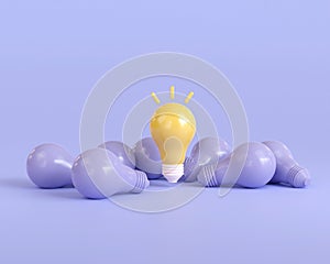 3d outstanding light bulb different purple light bulbs. creative thinking innovation concept. Turned off and glowing lamps. 3d