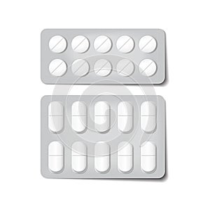 3d packaging for drugs. Painkillers, antibiotics, vitamins and aspirin tablets. Vector set of blisters pack, realistic photo