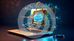 3D Padlock Hologram: Unassailable Cybersecurity with Laptop photo