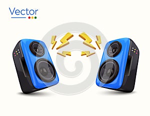 3d pair of stereo blue and black speakers with loud sound effect, isolated on white background. 3d outdoor music show