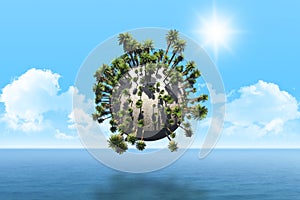 3D palm tree globe over sea