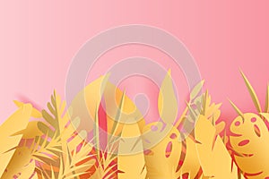 3D Paper art of illustration Summer season Tropical leaf palm decoration on placed text space background, Paper cut origami style