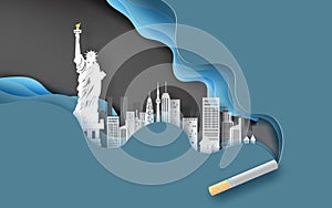 3d paper craft and art of cigarette with cityscape concept.Abstract curve wave blue background,Cityscape in new york usa. Creative