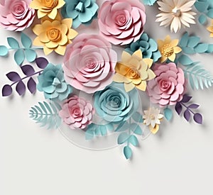 3D Paper craft Flower Decoration Concept. elegent flowers and leaves made of paper. Space for copy. photo