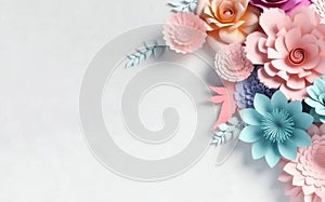 3d paper craft Flower Decoration Concept. elegent flowers and leaves made of paper. Space for copy. photo