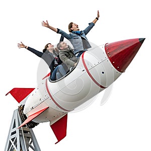 3D People Flying on Rocket Isolated on White Background