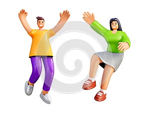 3D people. Happy render characters. Happy celebrate. Render woman and man fly. Young girl and guy with waving hands