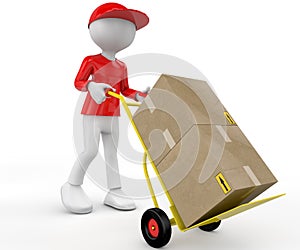 3d people - man, person with hand trucks and packages. Postman