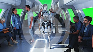 3d people and robots. Flying passenger train. Utopia. concept of the future.Green screen. 3d rendering.