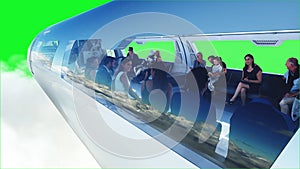 3d people and robots. Flying passenger train. Utopia. concept of the future.Green screen. 3d rendering.