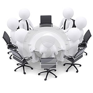 3d people at the round table. One chair is empty