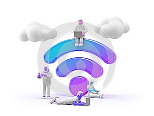 3D People Surfing Internet near WiFi symbol rendering. Wi-Fi hotspot zone Wireless Connection Technology concept