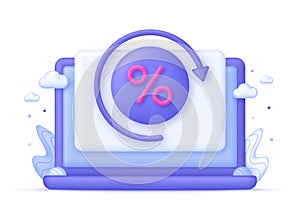 3D Percent icon on Computer. Promotion, discount, sale, percentage concept. Interest rate, finance, banking.