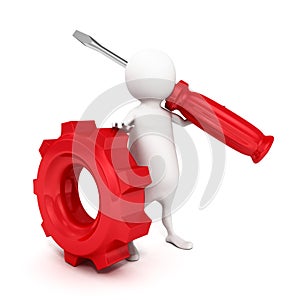 3d person holding a red screwdriver and gear