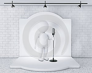 3d Person with Vintage Microphone standing on an stage