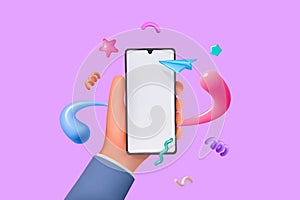 3d phone. Hand hold mobile app in smartphone, smart technology, device or product with empty screen, advertisement