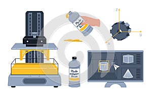 3D photopolymer printing. Stereolithography, SLA technology concept. photo