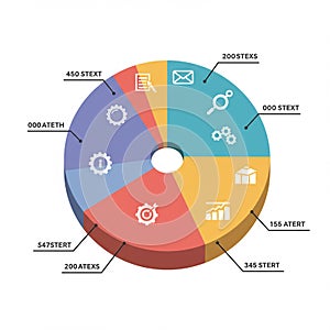 3D pie chart with six segments, each labeled with text and numbers. Colors include