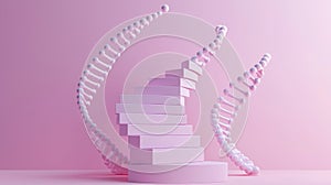 3D pink DNA model on round podium, minimal abstract scientific composition