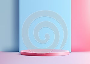 3D pink podium with a lighting shines on it, against a light blue background, Minimal style, product display, mockup, showroom, photo