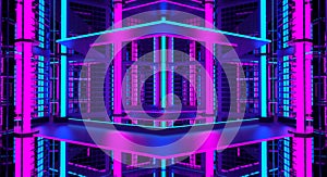 3d pink violet blue neon abstract background. Night club interior. Ultraviolet podium decoration empty room. Glowing lights.