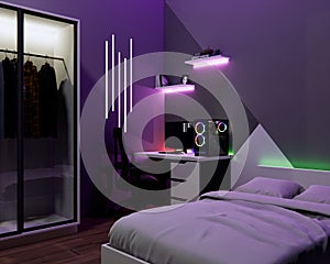 3d plan of a boy's bedroom with rainbow led lights