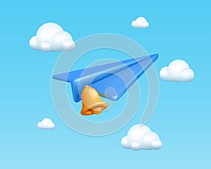 3D plane. Airplane telegram flying in clouds. Paper aviation in sky. Air transport. Notification bell. Aircraft flight photo