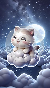 A 3D plush cat riding a cloud sticker, Ai generated image