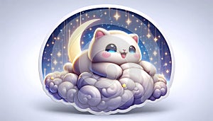 A 3D plush cat riding a cloud sticker, Ai generated image